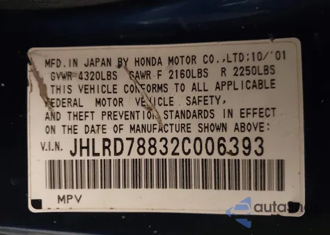 2002 Honda Cr-V Ex z USA, uszkodzony, nr VIN JHLRD78832C006393